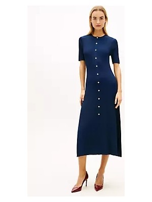 Tommy Hilfiger Kadın Normal Kesim Yuvarlak Yakalı Düğme Kapamalı Kısa Kollu Midi Boy Lacivert Elbise WW0WW48521-C1G