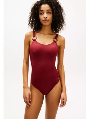 Tommy Hilfiger Kadın Tek Parça Sırtı Açık Halka Detaylı Bordo Mayo UW0UW06480-XJQ