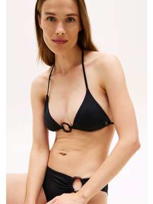 Tommy Hilfiger Kadın Suni Kaplumbağa Kabuğu Desenli Halkadan Metalik Detaylı Siyah Bikini Üstü UW0UW06387-BEH