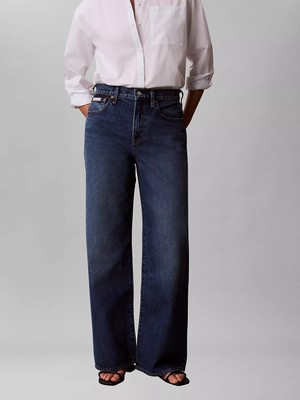 Calvin Klein Kadın Normal Kesim Yüksek Bel Geniş Paça Pamuklu Denim Mavi Jeans LV047F727G-SD3