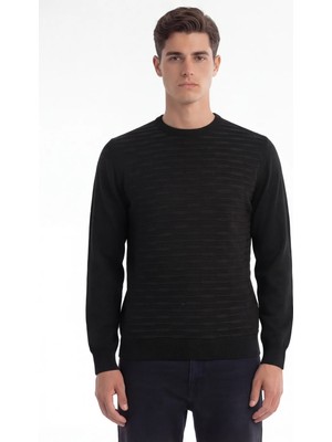 Sabri Özel Erkek Siyah Normal Kesim Regular Fit Yünlü Standart Boy Dokuma Triko Kazak