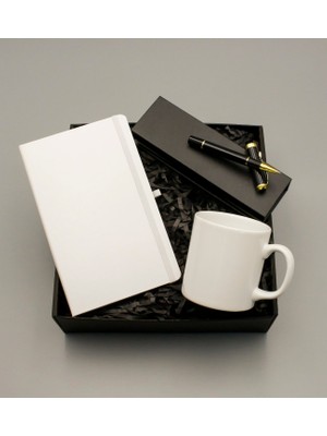 As Gift Beyaz Defter & Beyaz Kupa & Kutusuyla Siyah Roller Kalem Hediye Seti