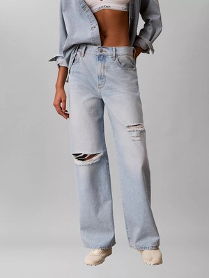 Calvin Klein Kadın Rahat Kalıp Geniş Paçalı Vintage Yırtık Denim Mavi Jeans LV047F737G-SKA