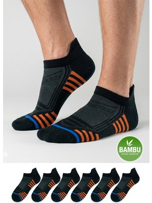 Gowith 6'lı Bambu Siyah Spor Desenli Güçlendirilmiş Yıkamalı Kutulu Dikişsiz Nefes Alabilir Performans Sneaker Kısa Patik Erkek Çorap 3150