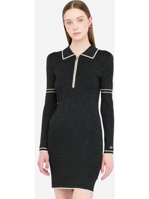 Liu Jo Kadın Slim Fit Yarım Fermuarlı Polo Yaka Uzun Kollu Örme Siyah Elbise TF5028MS49I-A4345