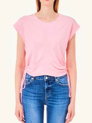 Liu Jo Kadın Pamuklu Dokuma Kumaş Marka Logolu Pembe T-Shirt MA4342J6308-32010