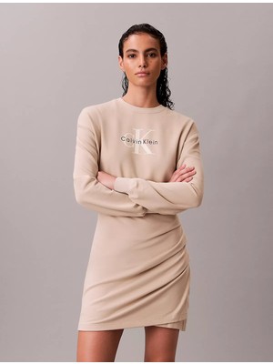 Calvin Klein Kadın Regular Fit Yuvarlak Yakalı Düşük Omuzlu Büzgülü Kısa Bej Elbise LV047E224G-2F2