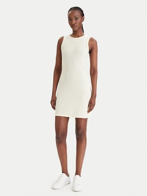 Calvin Klein Kadın Dar Kesim Pamuklu Yuvarlak Yakalı Kolsuz Mini Krem Elbise LV047F235G-ZRK