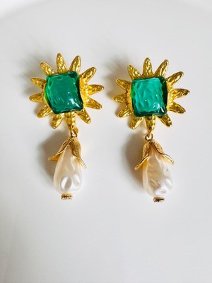 Devi Fashion Yeşil Vintage Güneş Incili Küpe 7 cm