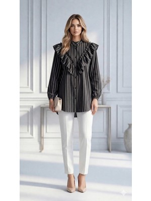 Trendparis Şık ve Feminen Fırfır Detaylı Çizgili Bluz