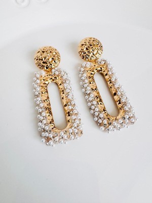 Devi Fashion Büyük Vintage Dörtgen Inci Küpe 7 cm
