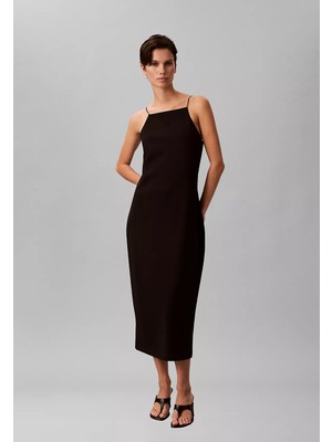 Calvin Klein Kadın Slim Fit Dar Ip Askılı Pamuklu Düz Dokuma Kumaş Siyah Elbise LV044F208G-UB1