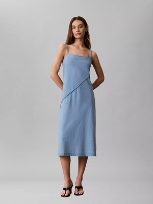 Calvin Klein Kadın Ince Askı Denim Düz Kumaş Uzun Boy Regular Fit Mavi Elbise LV047F748G-WWJ