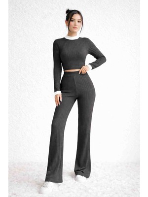 Selda Tekin St Giyim Kadın Antrasit Fitilli Kaşkorse Garni Detaylı Dik Yaka Crop Top ve Ispanyol Paça Pantolon Ikili Takım
