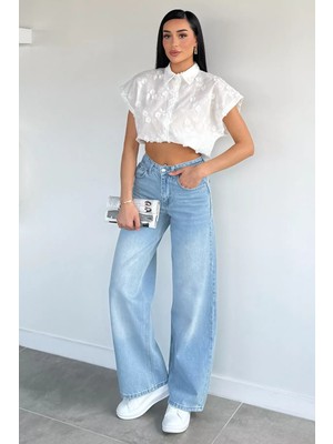 Gülseli Kadın Yıkamalı Yüksek Bel Casual Geniş Paça Palazzo Jean Kot Pantolon P-00021648