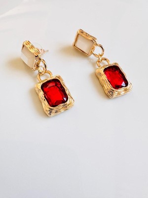 Devi Fashion Kırmızı Dikdörtgen Yılbaşı Küpe