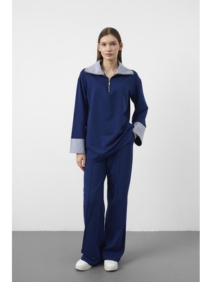 Basic Park Lacivert Kontrast Dokuma Yaka Pamuklu Oversize Relax Takım