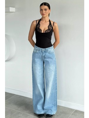 Gülseli Kadın Yıkamalı Yüksek Bel Salaş Geniş Paça Palazzo Jean Kot Pantolon P-00021653
