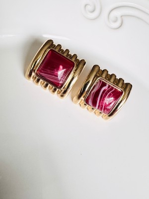 Devi Fashion Bordo Kare Vintage Çizgili Küpe 3 cm
