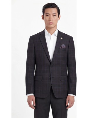 Giotelli Erkek Siyah Dar Kesim Slim Fit %100 Yün Ekose Dokuma Normal Bel 6 Drop Takım Elbise
