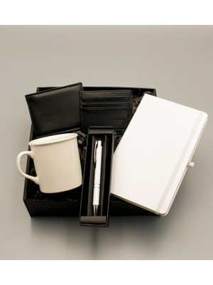 As Gift Beyaz Defter & Beyaz Kupa & Cüzdan ve Kartlık & Beyaz Tükenmez Kalem Hediye Seti