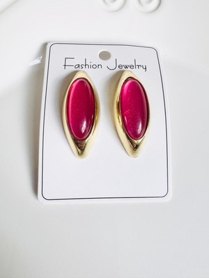 Devi Fashion Pembe Taşlı Oval Küpe