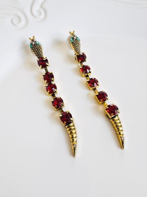 Devi Fashion Vintage Kırmızı Yılan Figürlü Sallantılı Küpe 10 cm