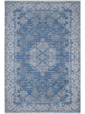 Pera Halı Lacivert Gri Çiçekli Vintage Madalyonlu Geometrik Halı - 1786OU