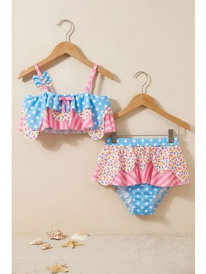 Zuzunga Fırfırlı Kız Çocuk Renkli Şeker Desenli Bikini Takımı