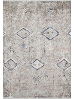 Pera Halı Vizon Kahve Bohem Desenli Indigo Mavi Detaylı Eskitme Halı - 1672OU