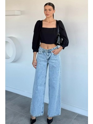 Gülseli Kadın Yıkamalı Yüksek Bel Rahat Kalıp Palazzo Jean Kot Pantolon P-00021649
