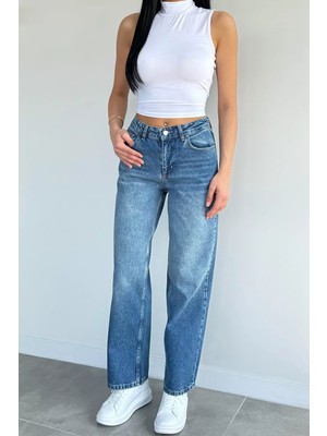 Gülseli Kadın Yıkamalı Yüksek Bel Casual Geniş Paça Palazzo Jean Kot Pantolon P-00021648