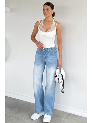 Gülseli Kadın Yıkamalı Yüksek Bel Trend Geniş Paça Palazzo Jean Kot Pantolon P-00021645
