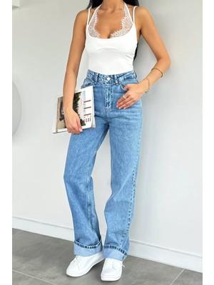 Gülseli Kadın Yıkamalı Yüksek Bel Modern Şıklık Palazzo Jean Kot Pantolon P-00021643