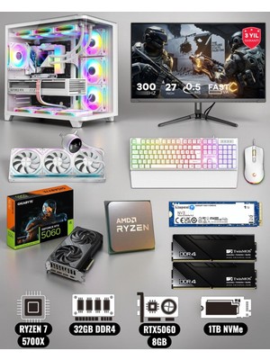 Symoon Ryzen 7 5700X 32GB Ddr4 Ram 1tb Nvme 5060 Ekran Kartlı 360MM Sıvı Soğutmalı 27 Inç Monitörlü Klavyeli Gaming Pc