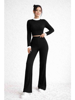 Selda Tekin St Giyim Kadın Siyah Fitilli Kaşkorse Garni Detaylı Dik Yaka Crop Top ve Ispanyol Paça Pantolon Ikili Takım