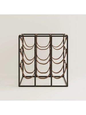 Rack And Cork - Modern Metal 9 Şişelik Raf, Doğal Deri Tutuculu Tezgah Üstü Bağımsız Şişelik