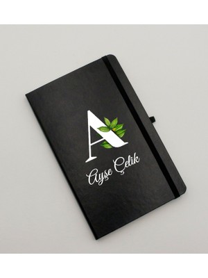 As Gift Kişiye Özel Botanik Baş Harf ve Isim Baskılı Siyah Defter