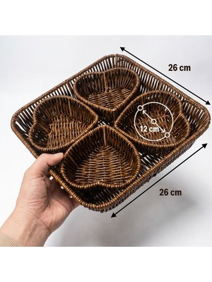 Ozcmax 5 Parça,4 Kalp Formlu Plastik Rattan Sunum ve Kahvaltı Seti-Bölmeli Çerezlik ve Meyvelik-Doğaal Hasır Görünümlü Tepsi ve Sunum Tabakları