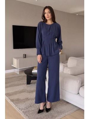 Gülseli Kadın Pileli Kuşaklı Bluz Bel Lastikli Pantolon Ikili Takım P-00021634