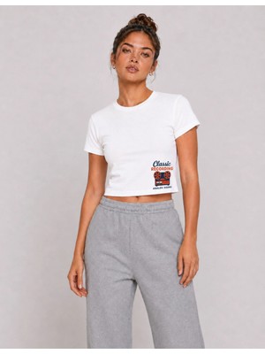 Organickid Basic Kadın Crop Baskılı Beyaz T-Shirt