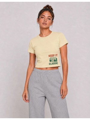 Organickid Basic Kadın Crop Baskılı Bej T-Shirt