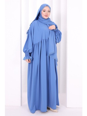 Bym Fashion Dantel Detaylı Namaz Elbise 6095 Indigo