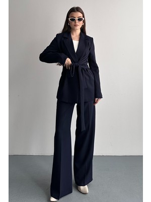 Moda Armanc Kadın Ikili Takım Blazer Ceket Pantolon Bordo - Kuşaklı Kruvaze Yaka Şık Takım