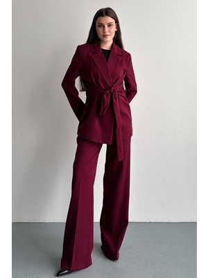 Moda Armanc Kadın Ikili Takım Blazer Ceket Pantolon Bordo - Kuşaklı Kruvaze Yaka Şık Takım