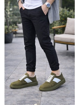 Ebrus Trend JET-011 Line Erkek Günlük Bağcıklı Süet Spor Sneaker Ayakkabı SHT - Haki/Beyaz
