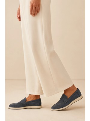 Sovenso Suede Hakiki Deri Mavi  Süet Loafer