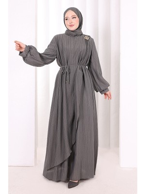 Bym Fashion Çiçek Broş  Detaylı Elbise 6094 Duman