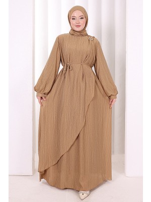 Bym Fashion Çiçek Broş  Detaylı Elbise 6094 Taba