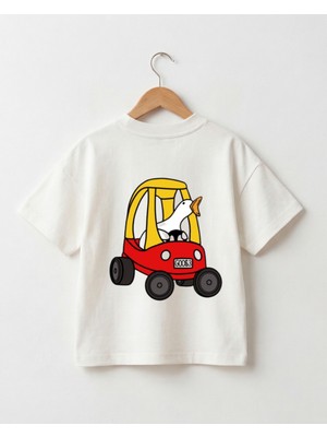 Babytex Ördek Arabalı Baskılı Oversize Çocuk Tişörtü Unisex Pamuklu Rahat Kalıp